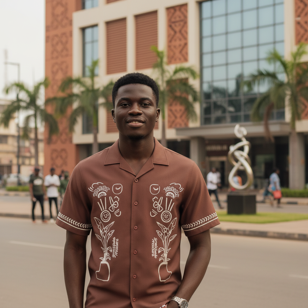 Young Nigerian male model wearing brown floral bowling shirt, front view, Nigerian urban background