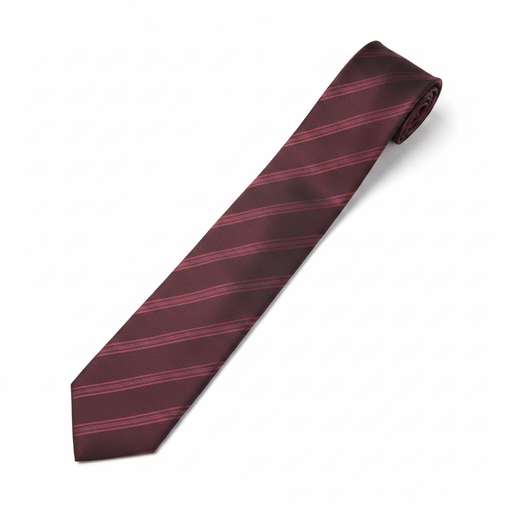 Men's burgundy maroon tonal diagonal stripe woven necktie flat lay product shot