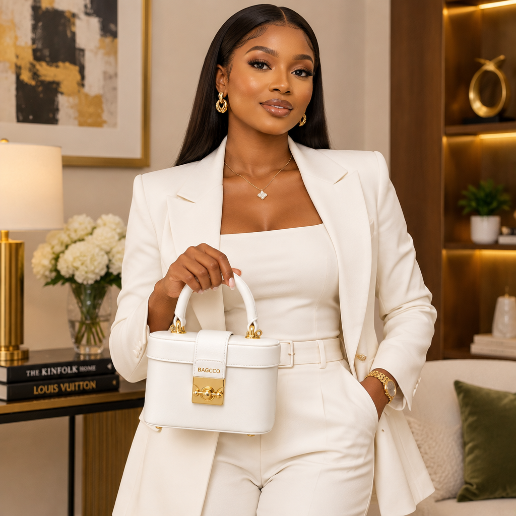 White Smooth Leather Mini Box Vanity Bag – Model Shot