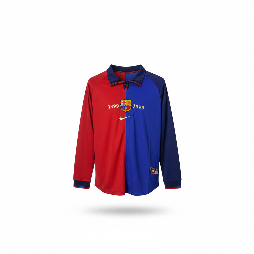 Royal blue and red split long-sleeve centenary retro football jersey — ghost mannequin front view