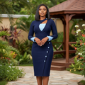 Women's Navy Blue Cutout Contrast Cuff Bodycon Midi Dress – Nigerian Female Model Shot