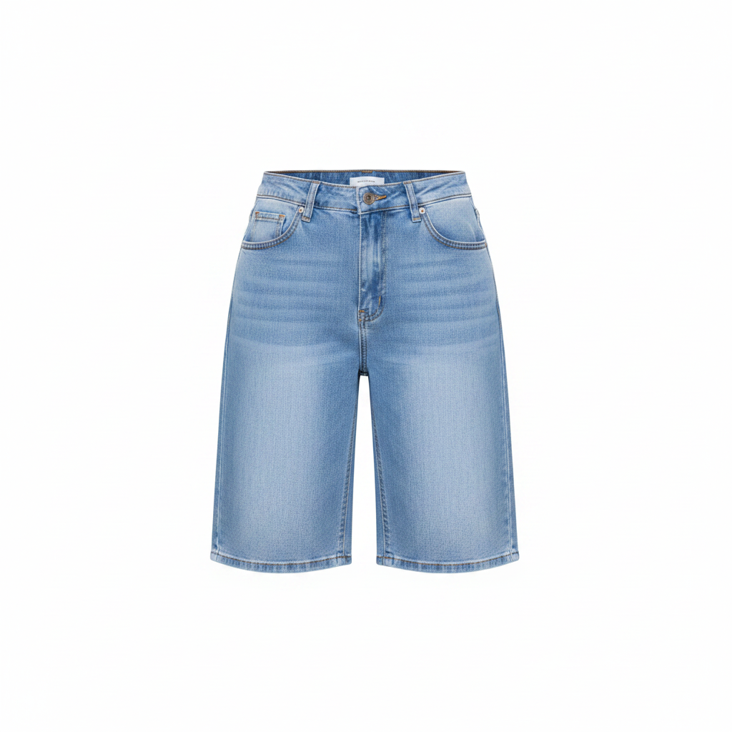 Women's light blue high-waist denim bermuda shorts ghost mannequin view on white background
