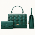 Deep teal woven-panel structured handbag with matching envelope pouch, front and side views