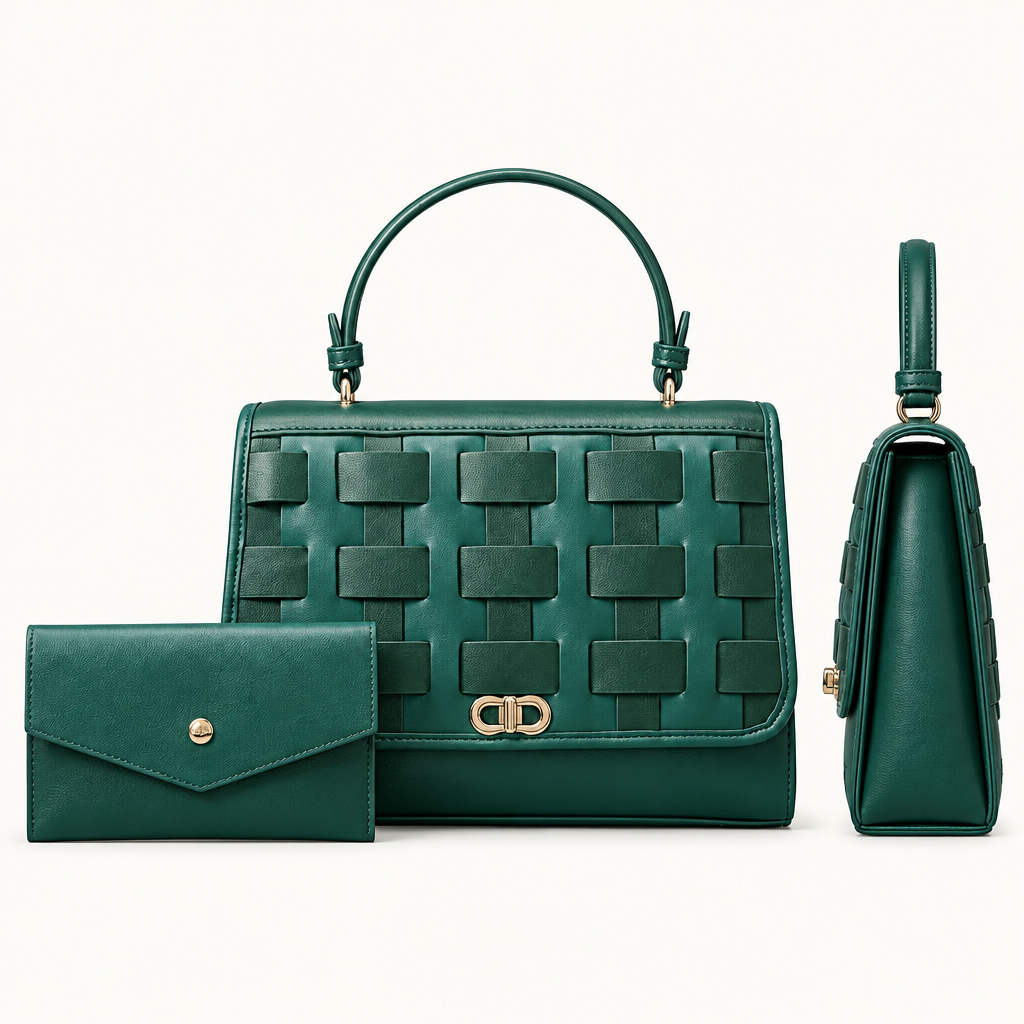 Deep teal woven-panel structured handbag with matching envelope pouch, front and side views