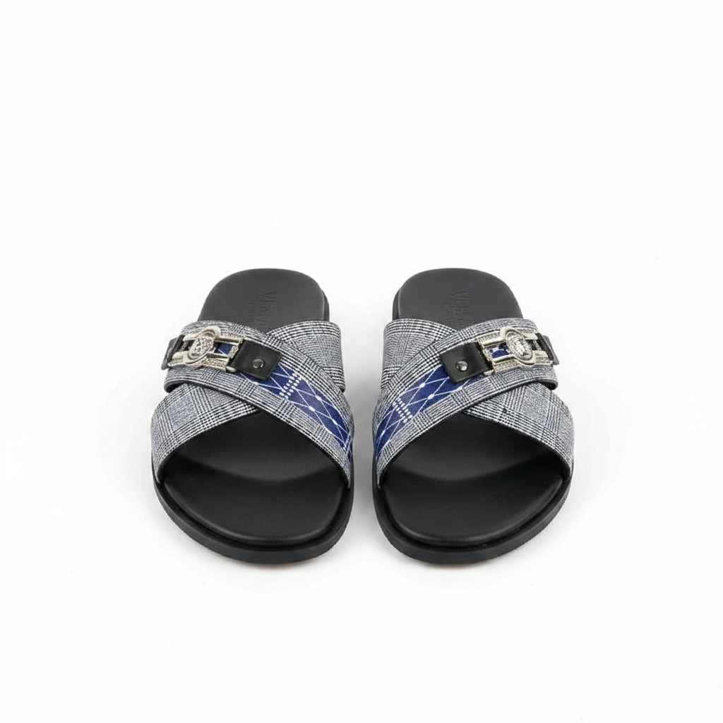Men's Black Plaid Crossover Slide Sandals — Ghost Mannequin