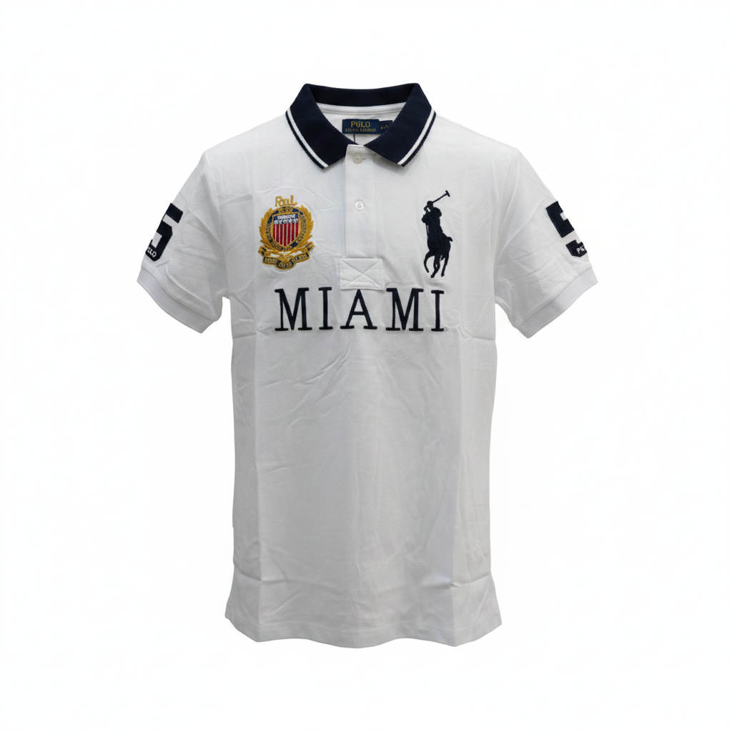 White graphic polo shirt with navy collar and city print ghost mannequin front view on white background