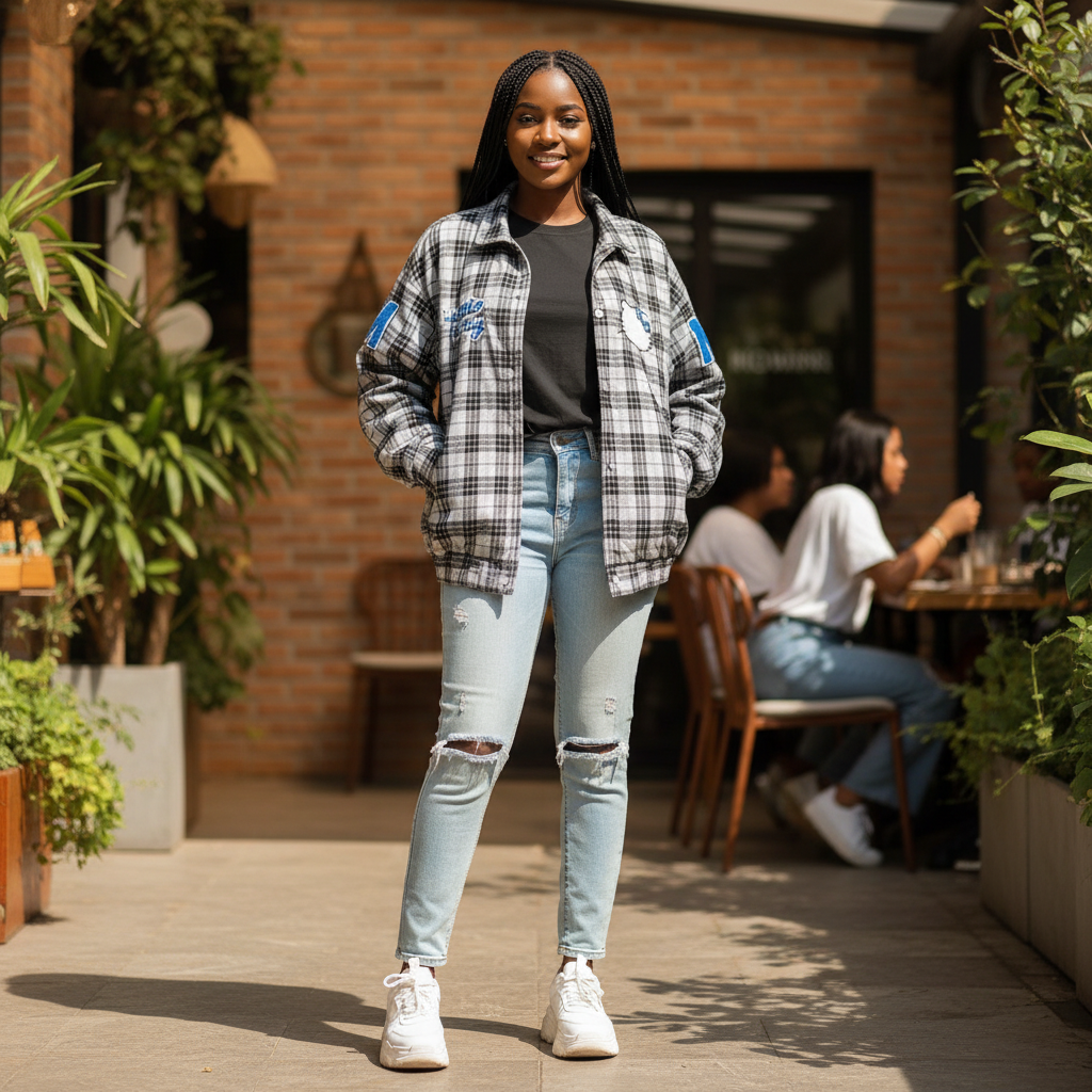 Nigerian model wearing Hello Kitty Grey Plaid Oversized Varsity Jacket