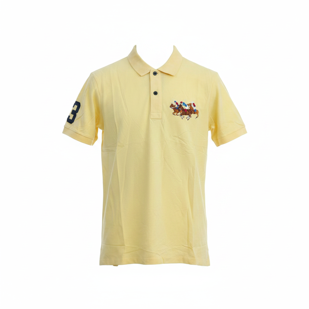 Yellow short sleeve polo shirt with equestrian embroidery ghost mannequin front view on white background