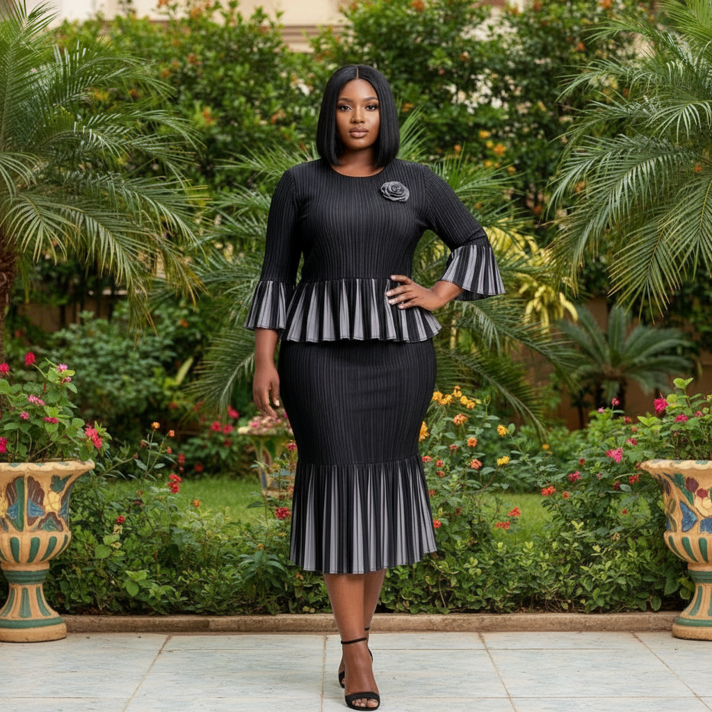 Nigerian female model wearing black pleated peplum blouse and midi skirt co-ord set in garden setting