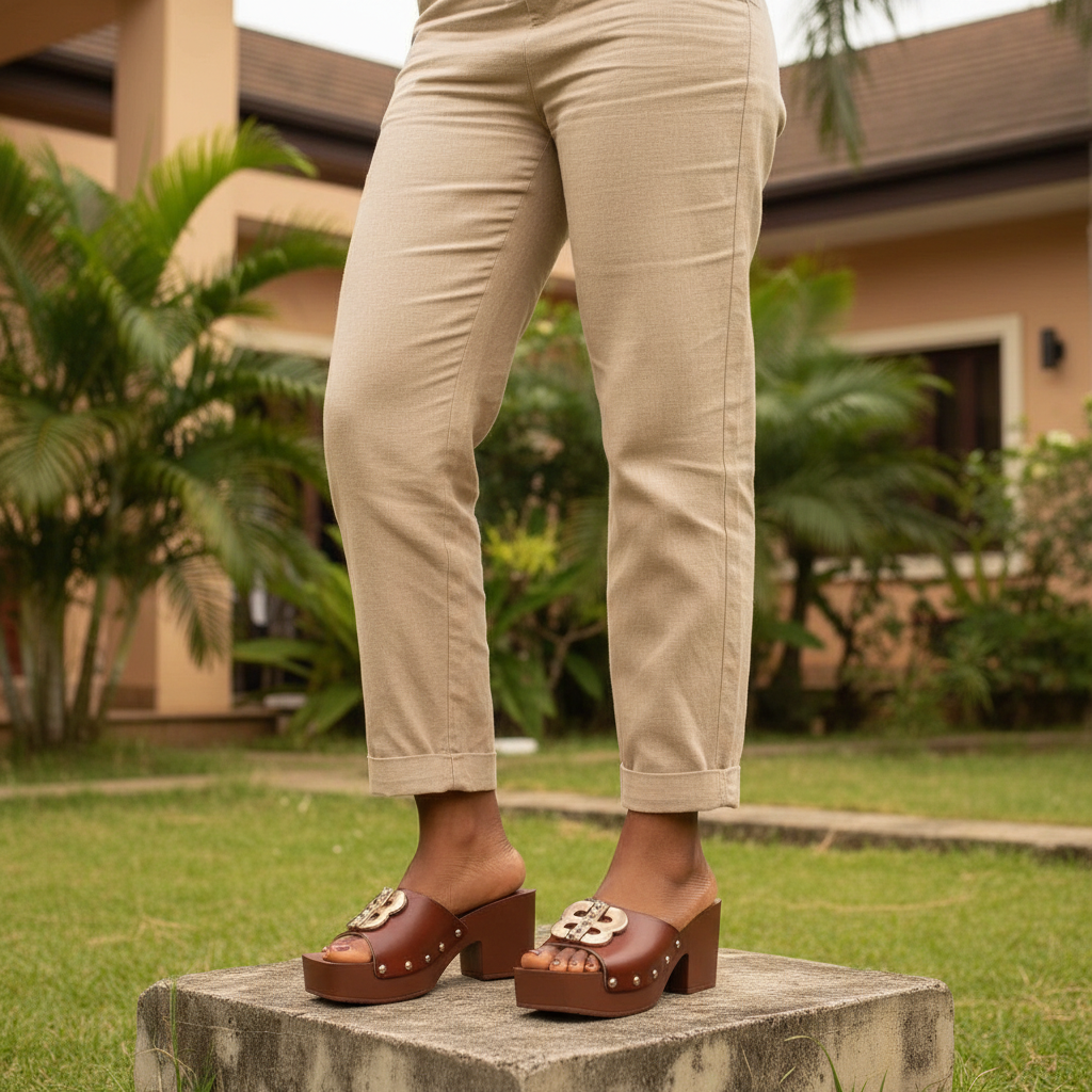 Nigerian female model leg-focused shot wearing brown studded platform block heel mules, both feet visible