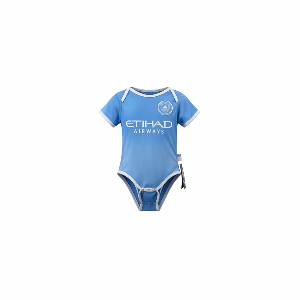 Sky blue baby football onesie ghost mannequin front view on white background