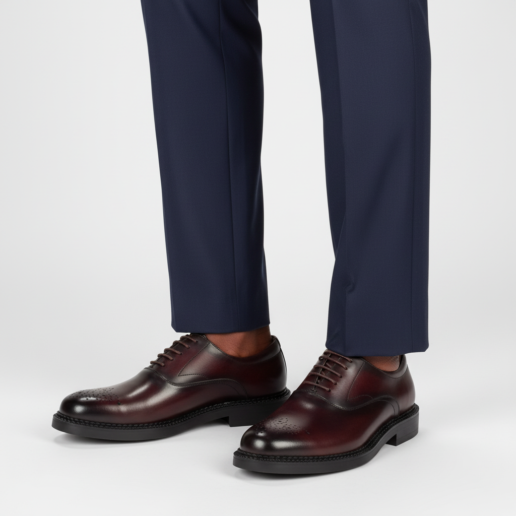Man wearing burgundy leather oxford brogues with navy dress trousers