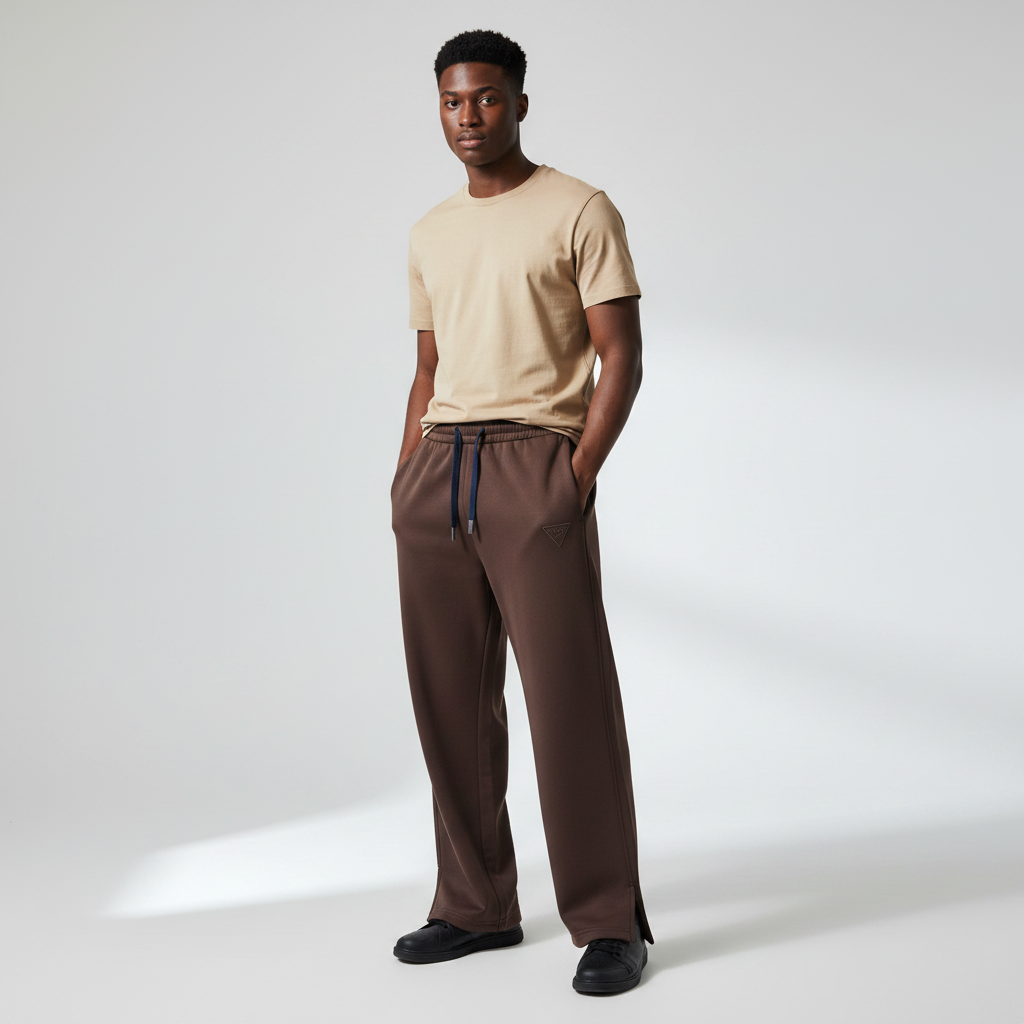 Male model wearing brown wide-leg sweatpants