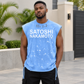 Black Nigerian adult model wearing a blue distressed sleeveless graphic shirt