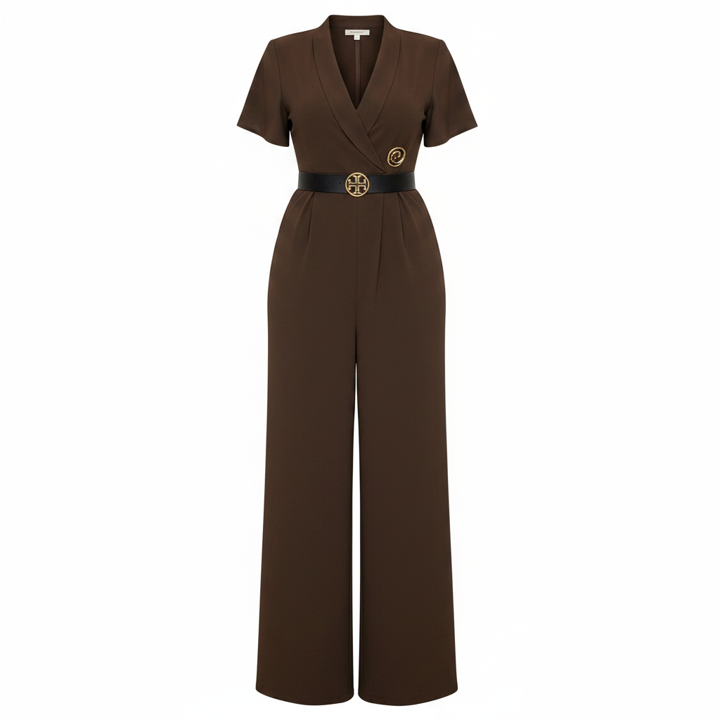 Women's short-sleeve V-neck belted wide-leg jumpsuit in dark brown – ghost mannequin front view