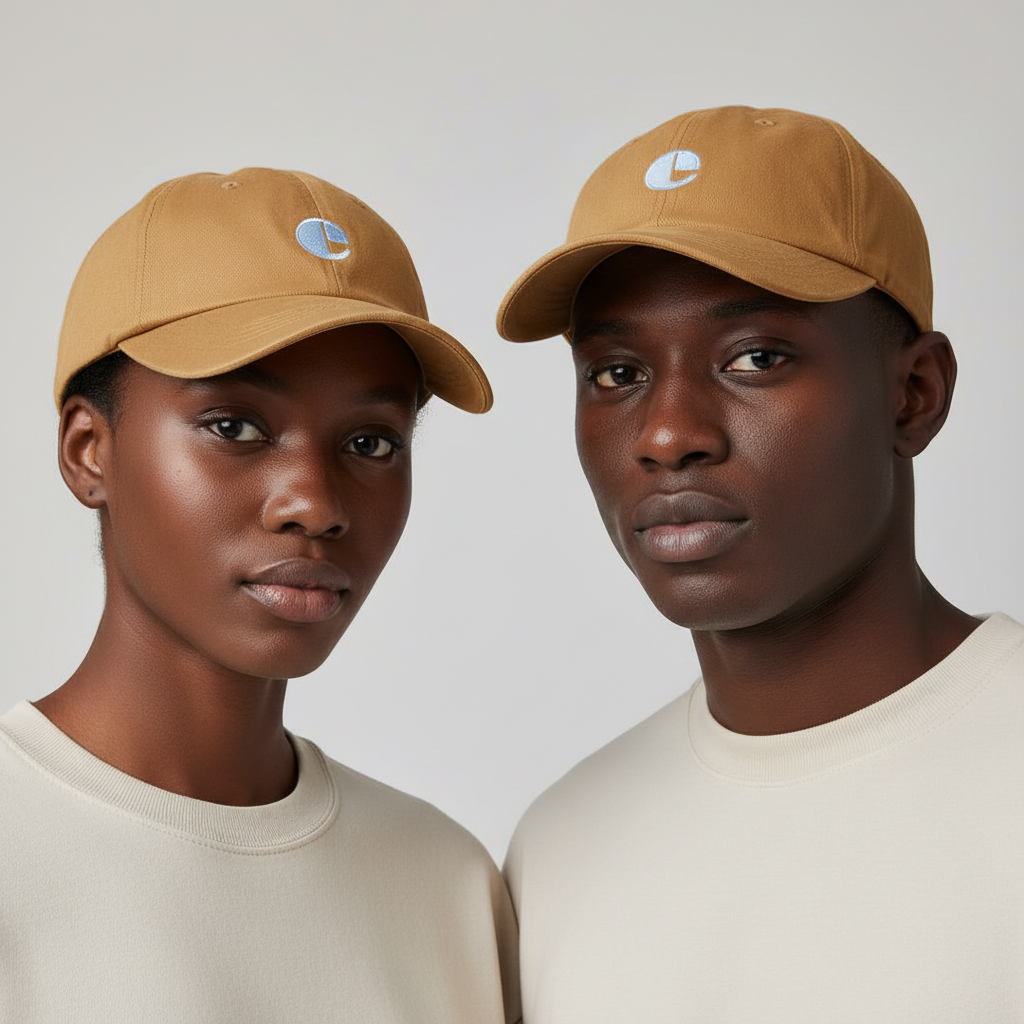 Nigerian female and male models wearing warm tan khaki dad cap with blue letter E circle patch embroidery