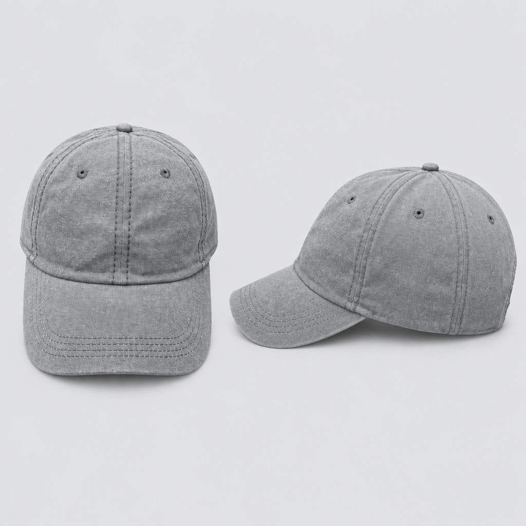 Unisex washed grey baseball cap, front and side view
