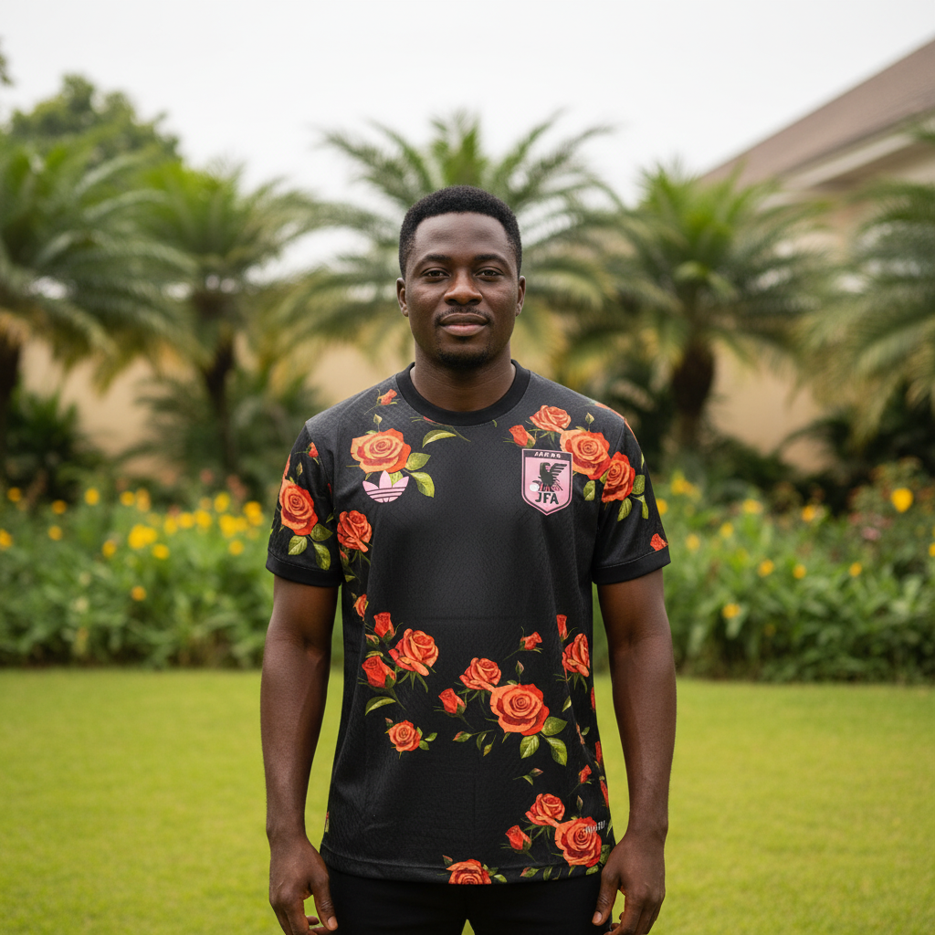 Black rose floral print football jersey on Nigerian male model