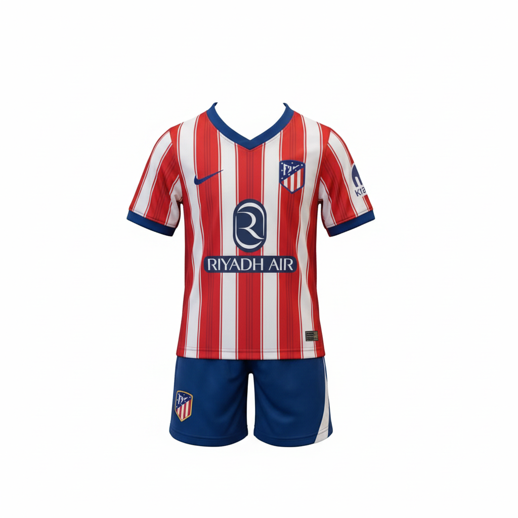 Kids' red & white stripe football jersey set with blue shorts – ghost mannequin front view on white background