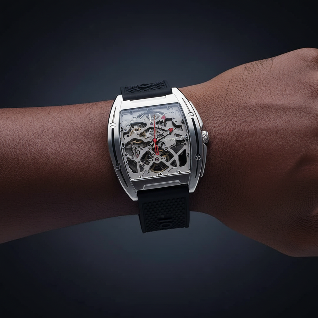 Nigerian man wearing silver CIGA Design Z-Series skeleton tonneau watch with red hands and black rubber strap, wrist close-up