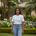 Women's white all-over multi-logo monogram grid crew neck tee - model shot