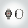 Grey strap skeleton-style wristwatch shown from the front and side
