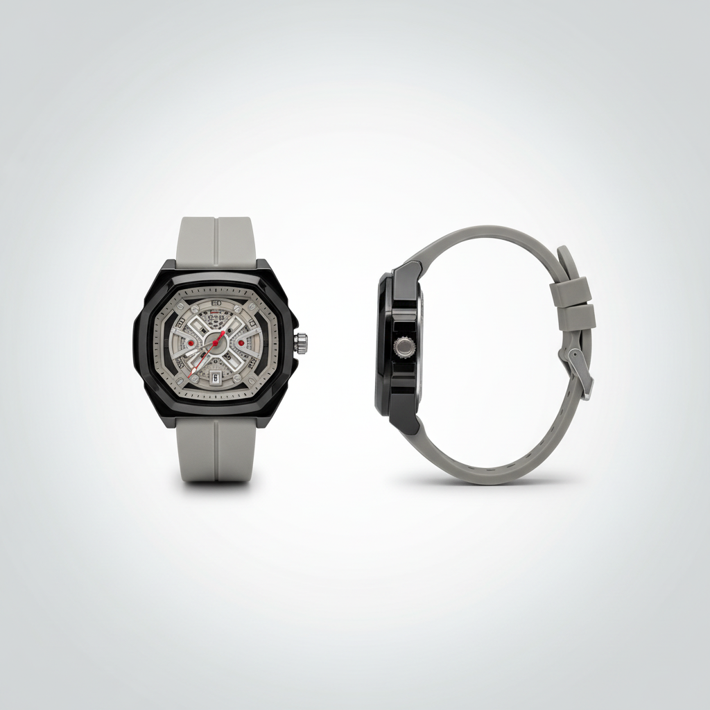 Grey strap skeleton-style wristwatch shown from the front and side