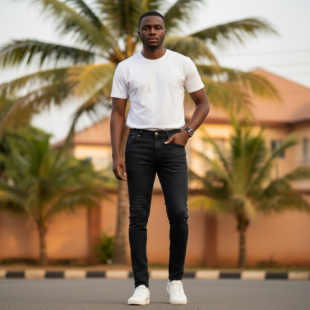 Nigerian model wearing navy black slim jeans