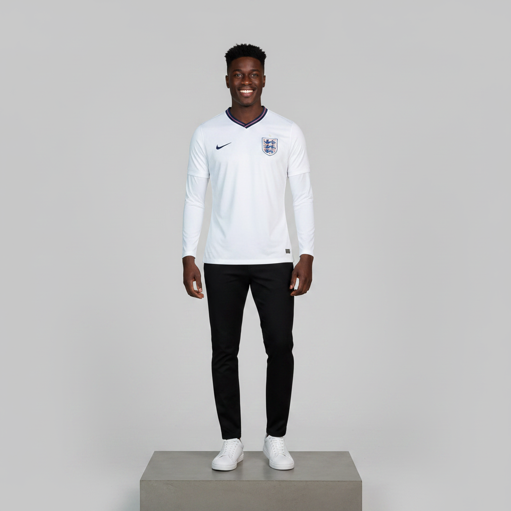 Nigerian male model wearing white long sleeve home football jersey on concrete plinth