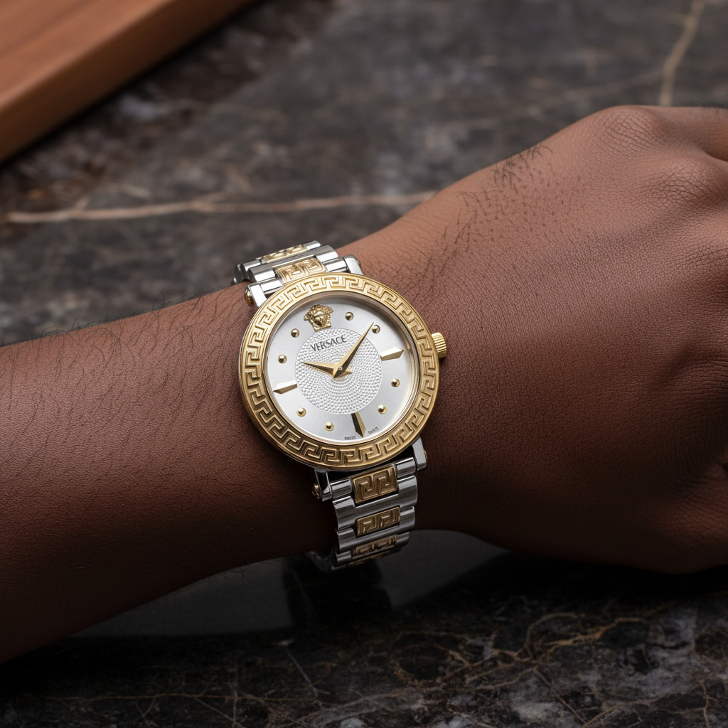 Nigerian man wearing two-tone Greek key bracelet watch, wrist close-up