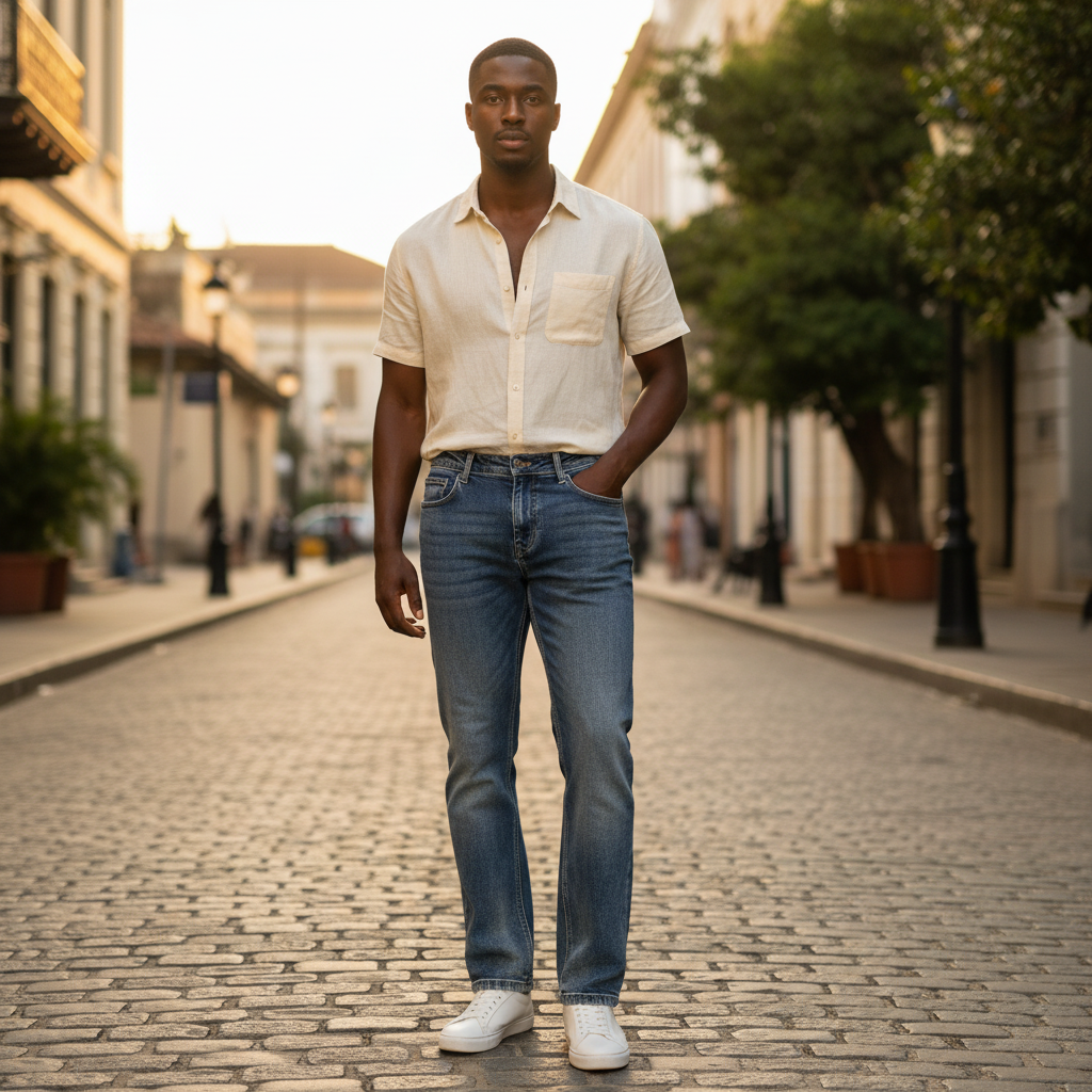 Nigerian model wearing Medium Blue Contrast Stitch Straight Jeans