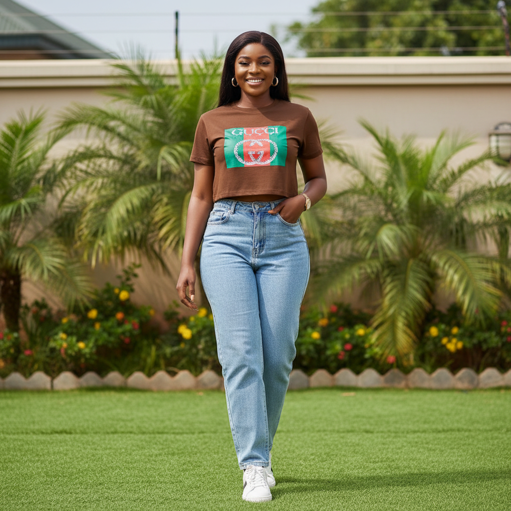 Women's Brown Luxury Logo Graphic Crop Top — Model Shot