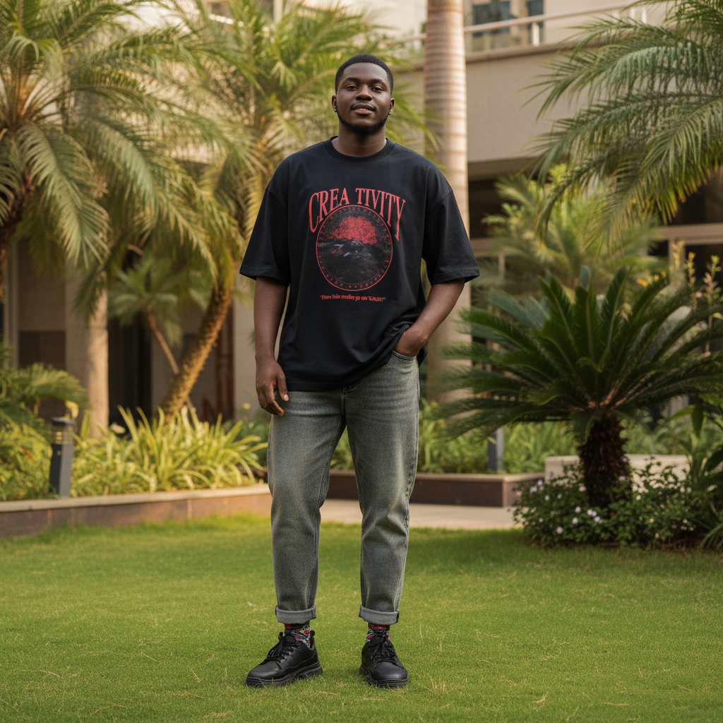 Men's Black Oversized Creativity Graphic Tee – Nigerian Male Model Shot