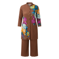 Brown floral tunic and wide-leg trouser set on an invisible mannequin