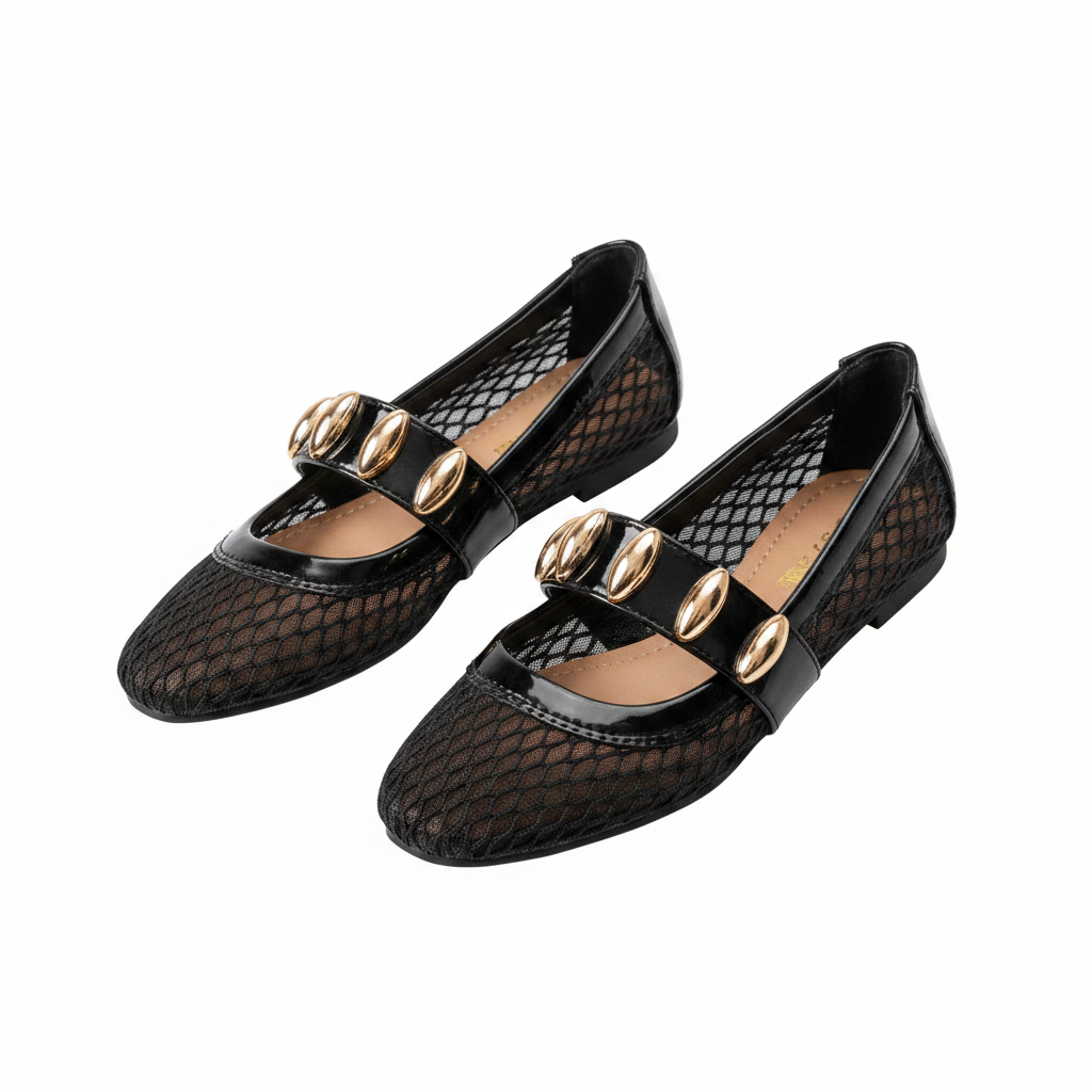 Women's Mesh Gold-Embellished Flat Ballet Pump - Black Ghost Mannequin