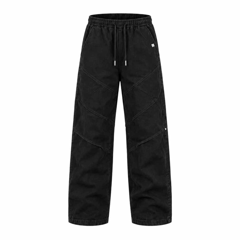 Black panelled drawstring trousers on an invisible mannequin