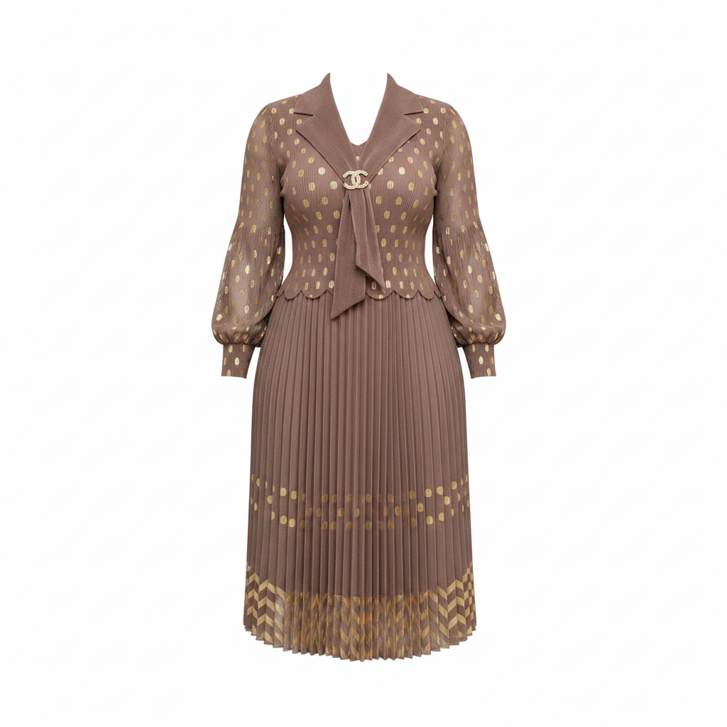 Mocha & Gold Polka Dot Chiffon Blazer Pleated Midi Skirt Suit – Ghost Mannequin