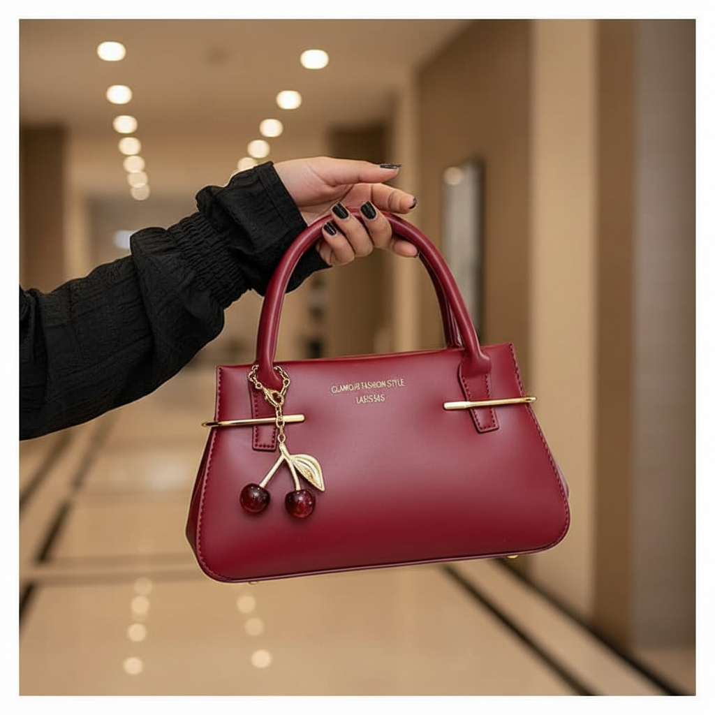 Black Nigerian woman holding wine red leather mini handbag with red cherry charm