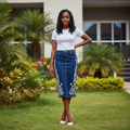 Model Shot – Embroidered Denim Midi Skirt