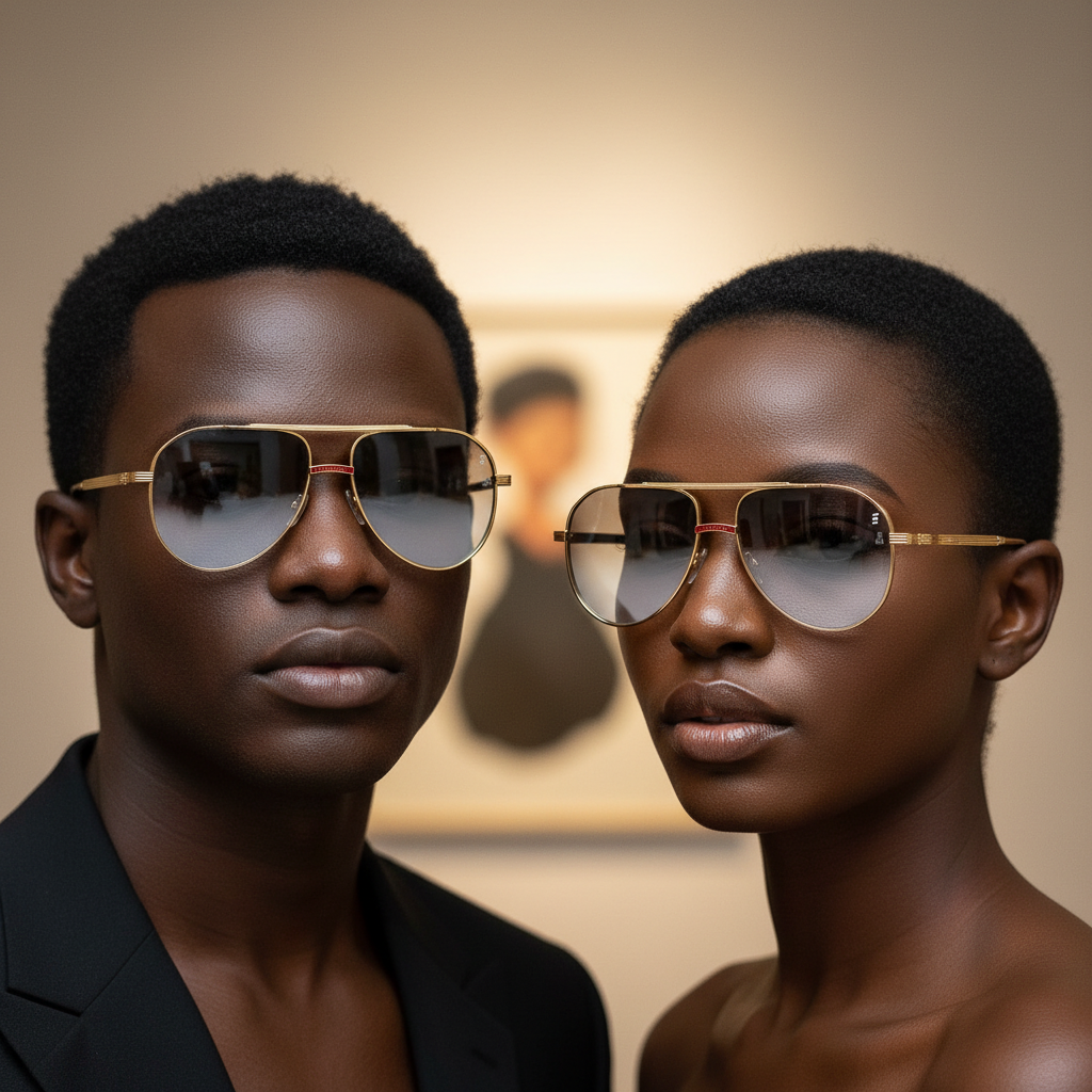 Nigerian male and female models wearing slim gold aviator sunglasses with clear lens and red nose accent