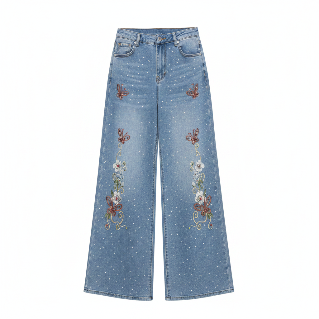 Women's light blue glitter wide-leg jeans with butterfly and floral embroidery — ghost mannequin front view