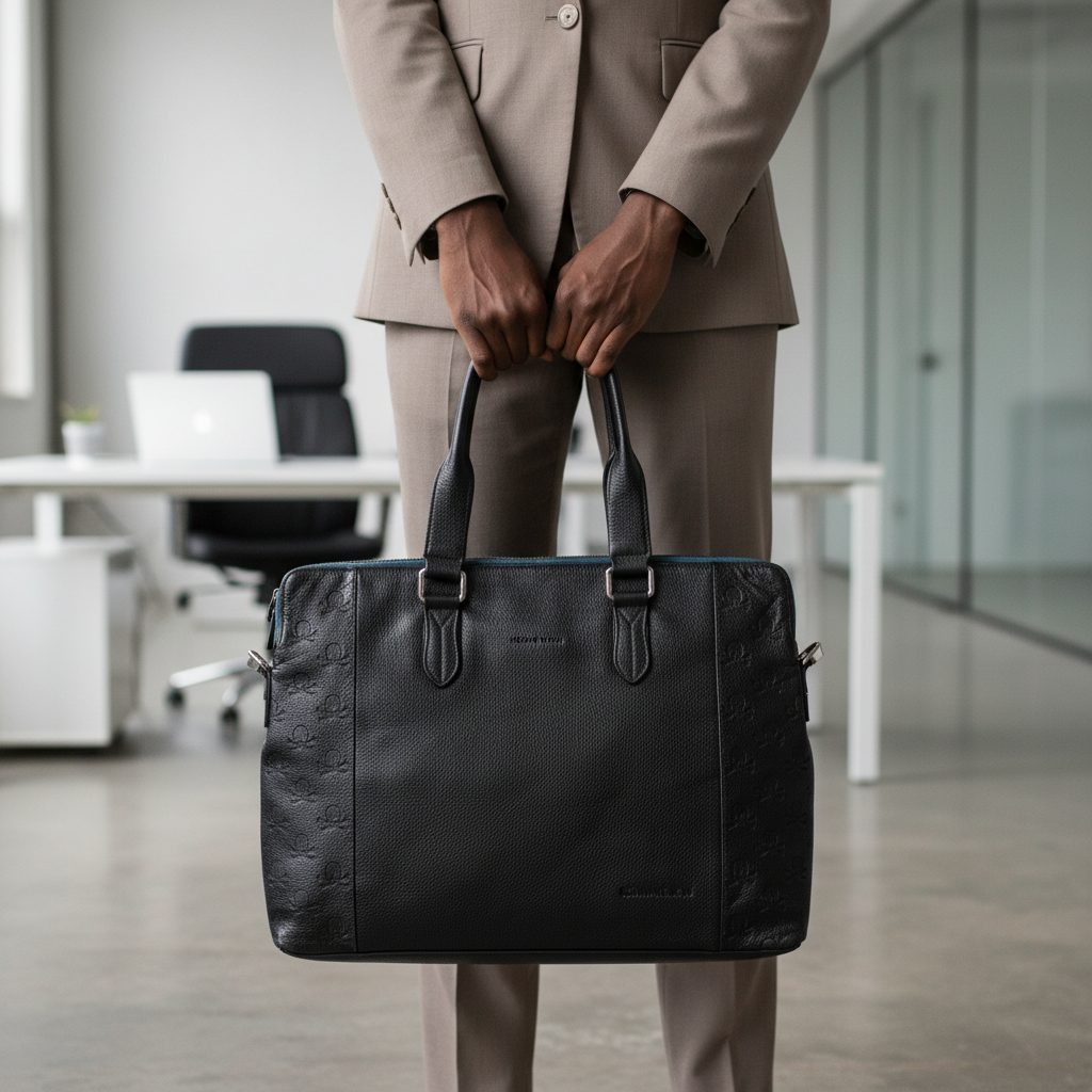 Calvin Klein black monogram laptop tote carried by Black Nigerian professional in office