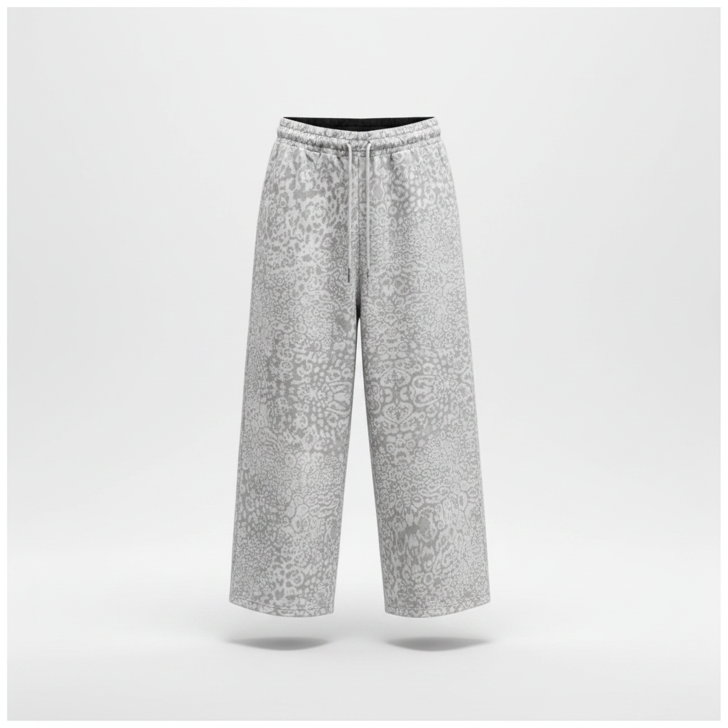 Ghost mannequin view of light grey leopard print baggy joggers
