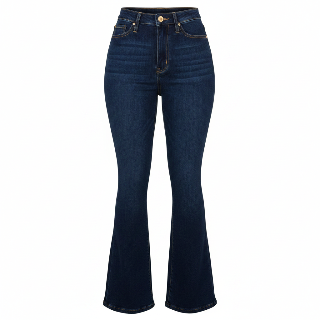 Dark Indigo High-Waist Bell Bottom Flare Jeans – Front Ghost Mannequin