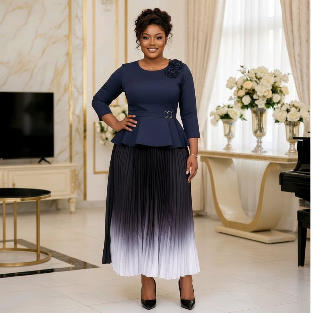 Navy & White Ombre Pleated Peplum Skirt Set – Model Shot