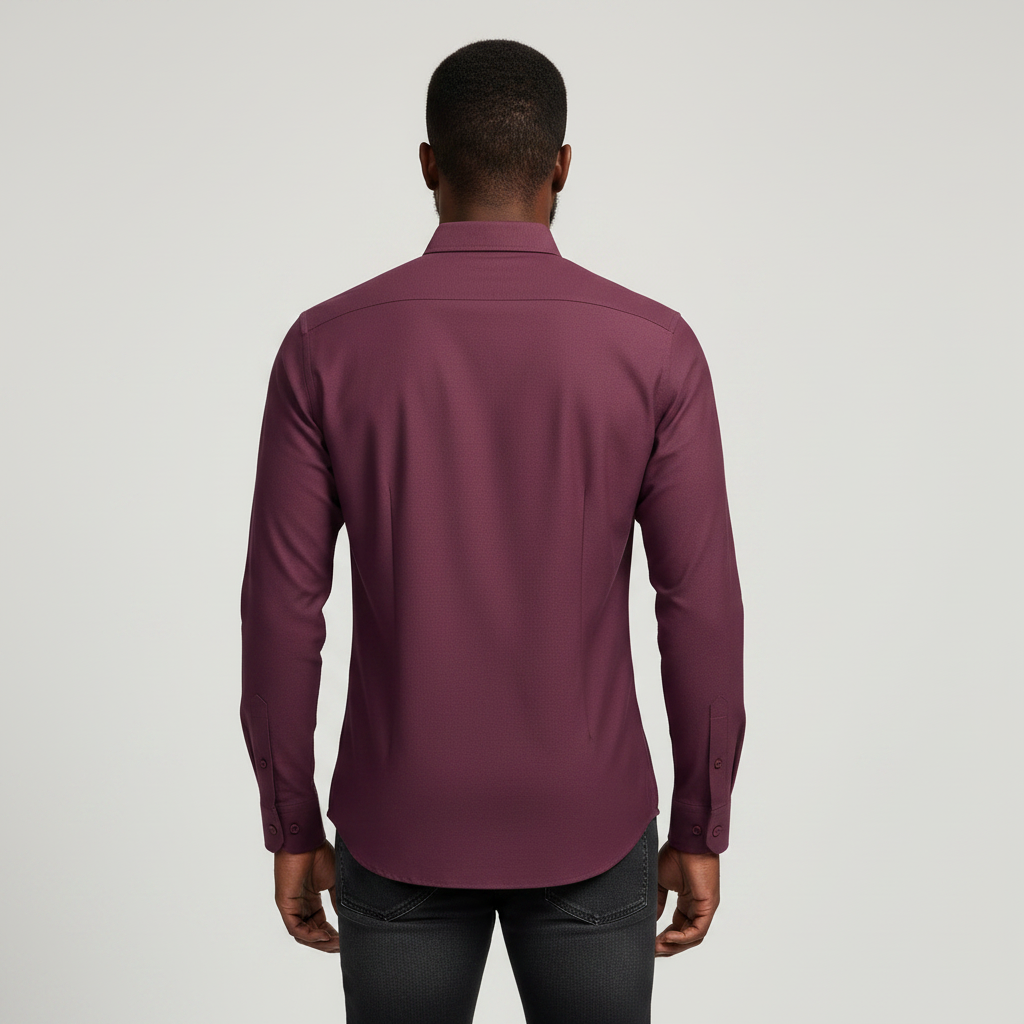 Nigerian adult male model wearing Burgundy Long Sleeve Shirt – Back View