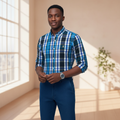 Nigerian model wearing Ralph Polo Blue Navy Black Plaid Check Shirt