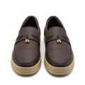 Pair of dark brown cord-detail loafers on white background