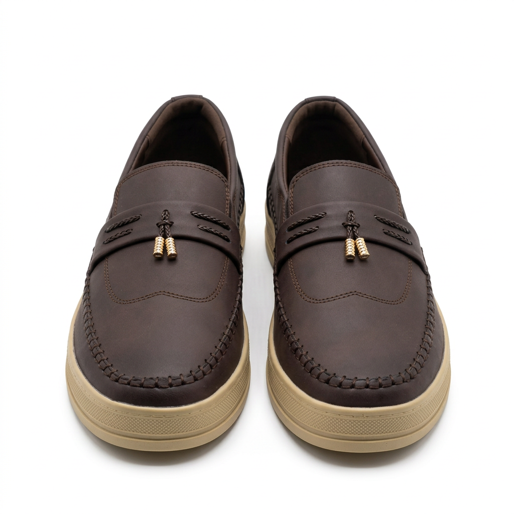 Pair of dark brown cord-detail loafers on white background