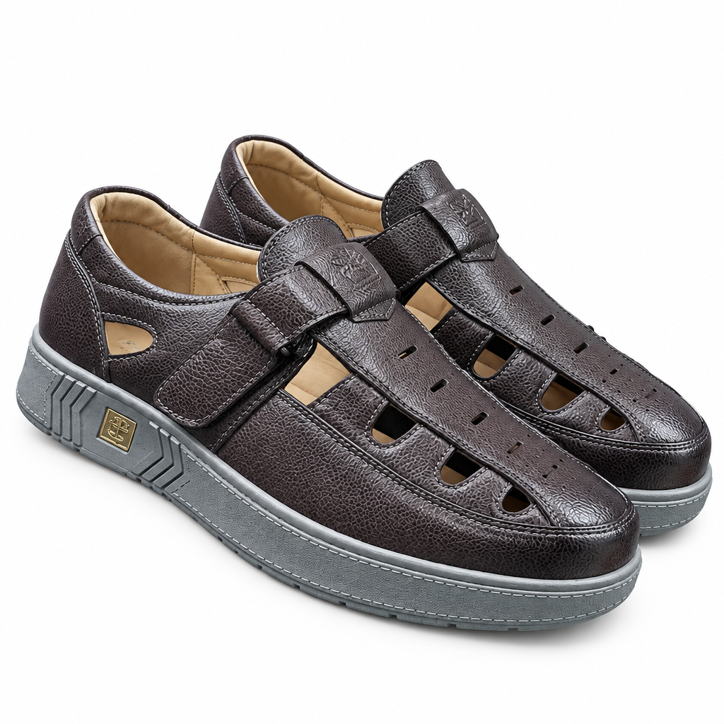 Brown pebbled leather fisherman sandal shoes pair